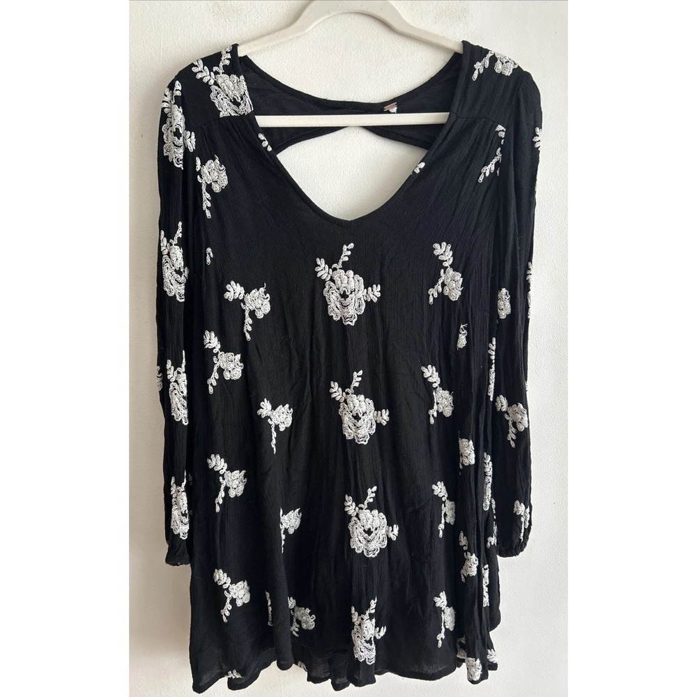 Anthropologie Free People Emma Austin Floral Embroidered Mini‎ Dress Black Sz XS